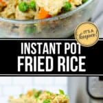 A glass bowl filled with flavorful Instant Pot chicken fried rice, featuring tender chicken, peas, carrots, and green onions, sits on a table.