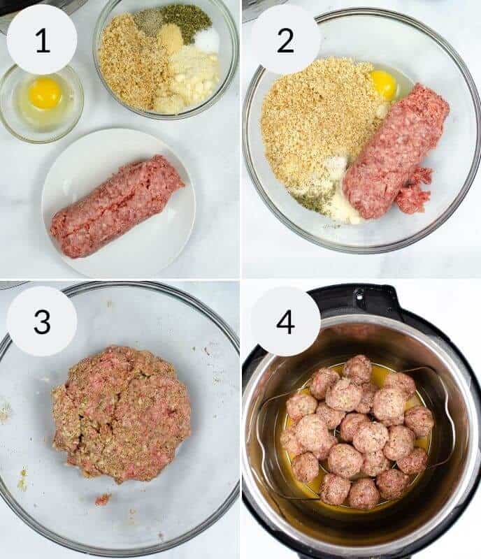 Step-by-step meatball subs recipe: 1) Ingredients like ground meat, egg, and breadcrumbs in a bowl. 2) Mixed ingredients. 3) Thoroughly combined mixture. 4) Formed meatballs in a cooking pot.