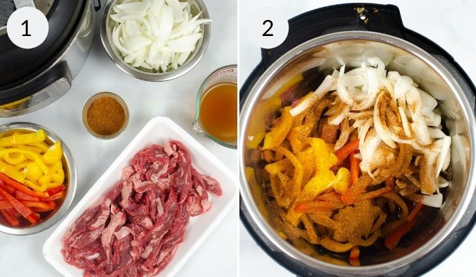 Ingredients for Instant Pot Fajitas arranged on one side and mixed in the pot on the other, including sliced beef, onions, bell peppers, and spices.