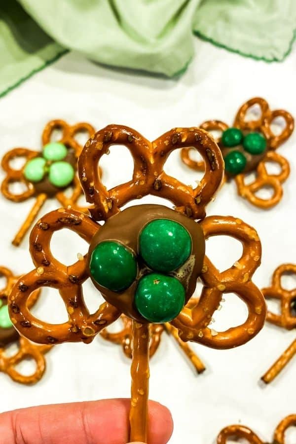 Shamrock pretzel closeup with several in the background