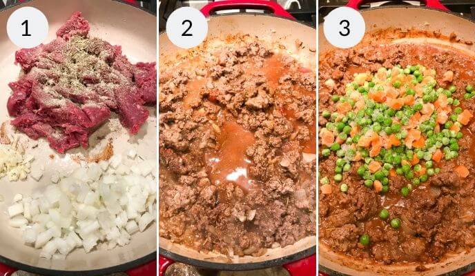 A vibrant collage of food cooking, featuring an inviting Shepherd's Pie recipe with ground beef, capturing the essence of a hearty meal.