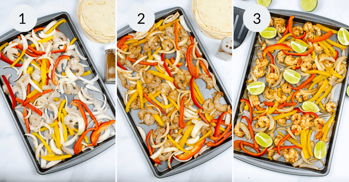 Three-step cooking process of fajitas on a baking sheet: 1) raw shrimp and vegetables, 2) seasoned, 3) cooked with lime wedges added.