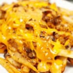 A plate of loaded air fryer animal fries.