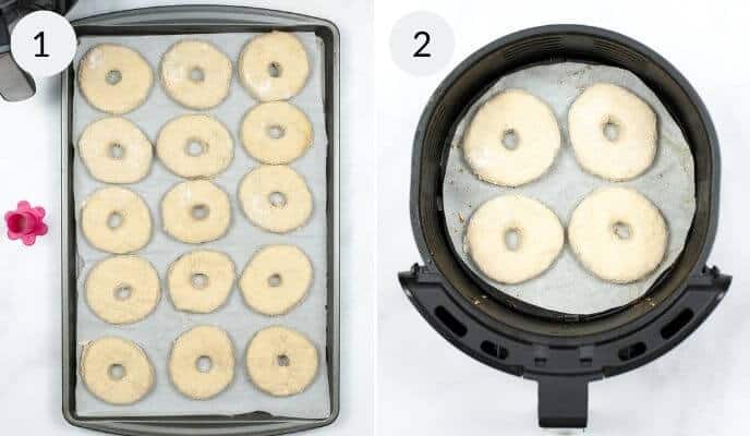 Side-by-side comparison of uncooked biscuit donuts arranged on a baking sheet and inside an air fryer.