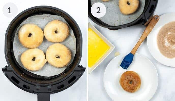 Image 1: Biscuit donuts frying in an air fryer, Image 2: A cooked donut next to a brush and a bowl of melted butter.