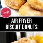 Plate of air fryer biscuit donuts coated with sugar, alongside a cup of coffee and a glass of orange juice, accented with an "easy" sticker and text overlay.