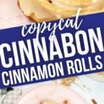Close up of Air Fryer Copycat Cinnabon Cinnamon Roll and a shot from the top of the roll on a pink plate.