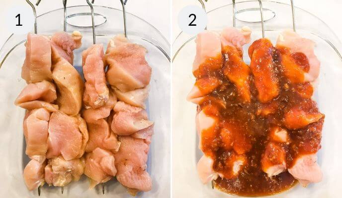 Step by step instructions for making chinese chicken on a stick.