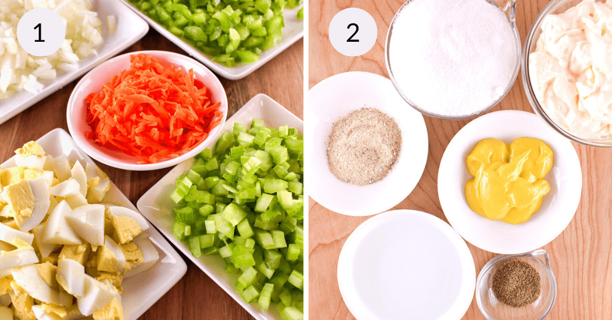 Various prepped ingredients for a classic macaroni salad recipe divided into two groups, with vegetables on the left labeled "1" and condiments and seasonings on the right labeled "2".