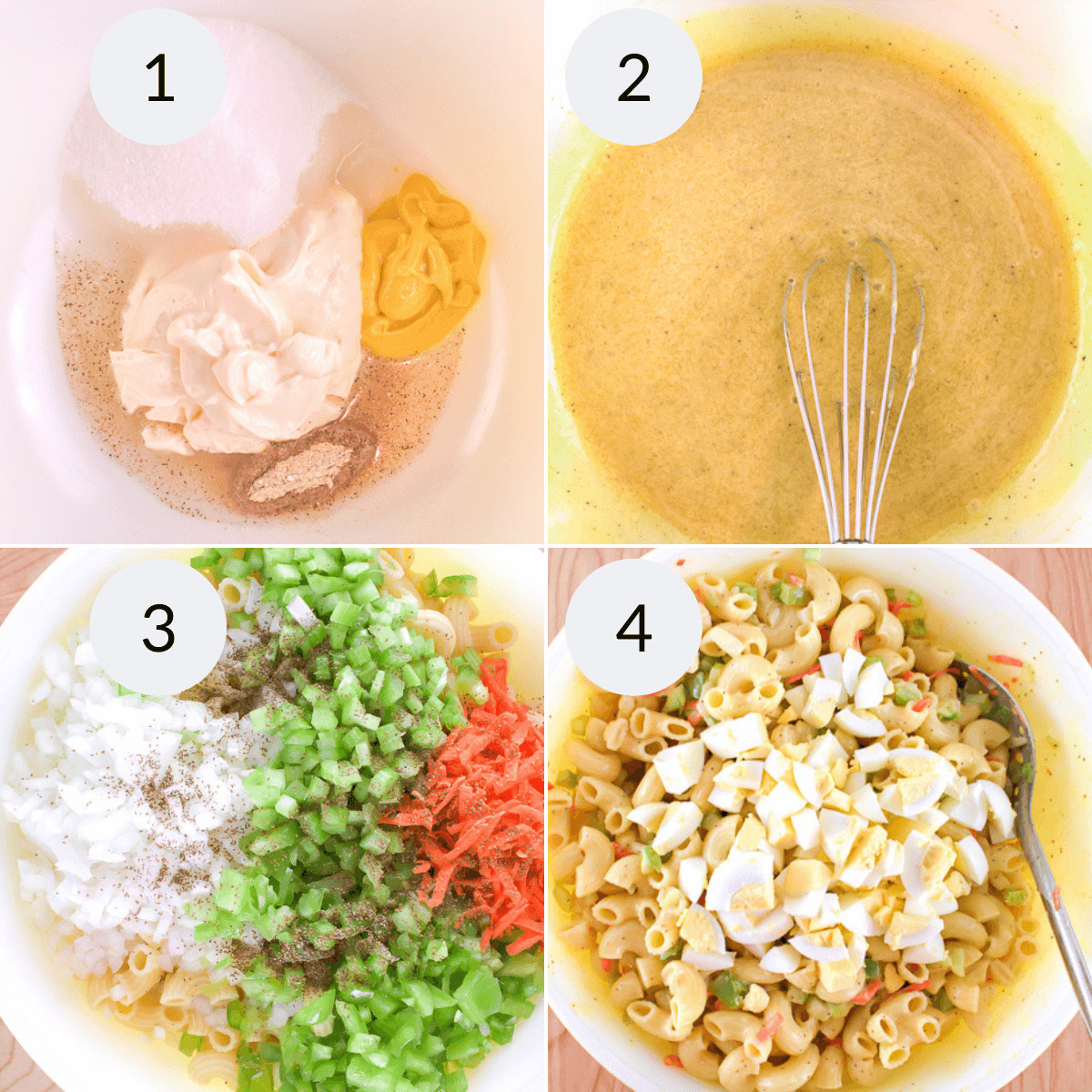 Four-step classic macaroni salad preparation: 1) ingredients in a bowl before mixing 2) ingredients well mixed 3) chopped vegetables added 4) final classic macaroni salad ready