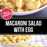 Classic creamy macaroni salad with egg garnished with green herbs on a plate.