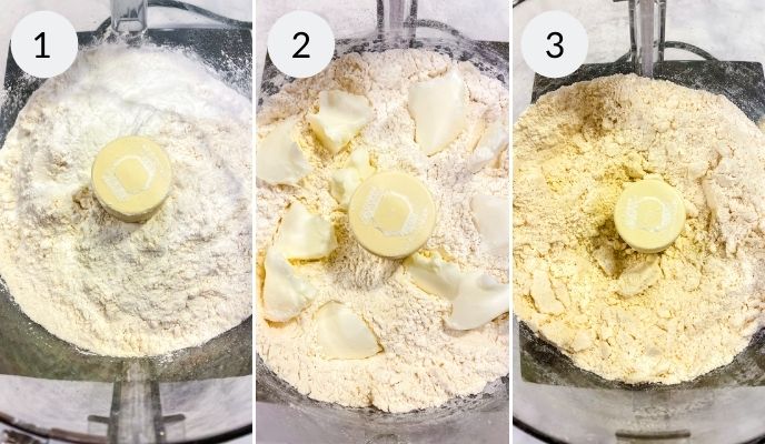 Food processor with flour, then with shortening added and finally all blended together