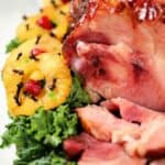 Close up of Pineapple Glazed Ham with slices take off