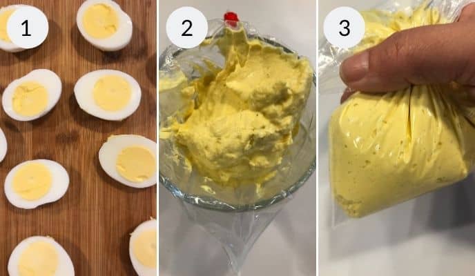 a three image collage showing eggs cut in half, the mixture being put into a bag, and a filled bag with yellow filling ready to be piped. 