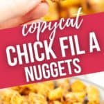 Close up and dish of air fryer chicken nuggets