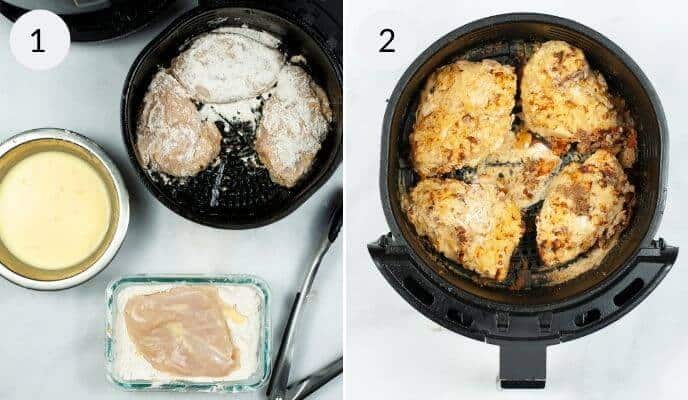 Two images: 1. Raw, battered chicken pieces in an air fryer with a bowl of batter and plain chicken beside it, resembling the preparation for a Copycat Chick Fil A Sandwich. 2. The same chicken pieces now cooked and golden brown in the air fryer.