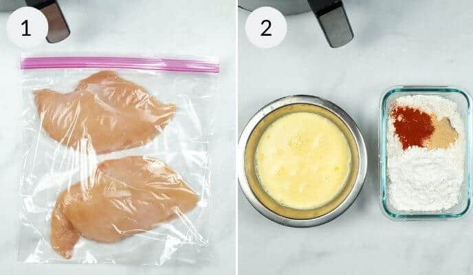 Two images show raw chicken breasts in a plastic bag (left) and bowls of egg wash and flour with spices (right), labeled 1 and 2 respectively, getting ready for a Copycat Chick Fil A Sandwich.