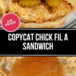 Two images of a Copycat Chick-fil-A sandwich served in a bun with pickles, complete with a label indicating the use of an air fryer.