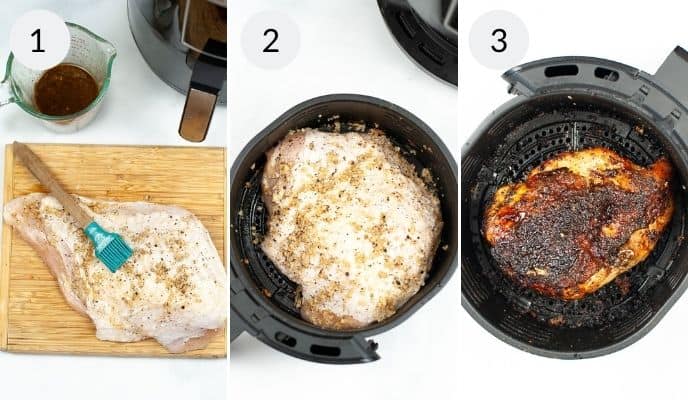 Seasoning turkey breast, turkey breast in air fryer before and after cooking.