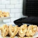 4 banana pudding tacos with waffle iron in the background