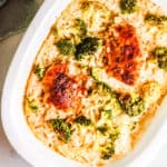 Casserole dish with the chicken and broccoli casserole in it