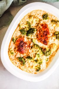 Casserole dish with the chicken and broccoli casserole in it