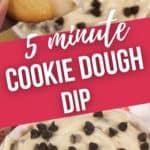 close up on a cookie with dip and bowl of cookie dough dip
