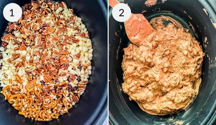 Crock pot with ingredients before and after cooking