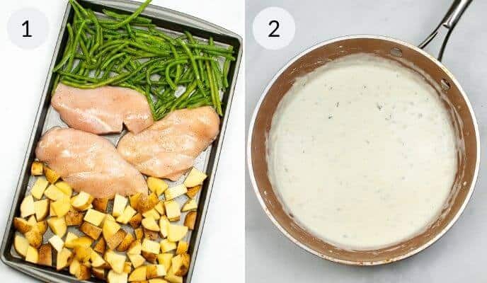 Image split in two: Left side features Sheet Pan Chicken with Vegetables—raw chicken, diced potatoes, and green beans perfectly arranged on a tray. Right side displays a copper pan brimming with rich, creamy sauce.