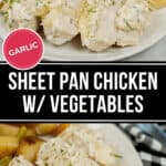 Sheet Pan Chicken with Vegetables features garlic chicken, roasted potatoes, and green beans, garnished with herbs and served on a white plate.
.
