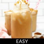 Three delicious iced caramel macchiatos topped with whipped cream and caramel drizzle are served in mason jars with pink and white straws, set against a white tiled background. Text at the bottom reads "EASY ICED CARAMEL MACCHIATO.