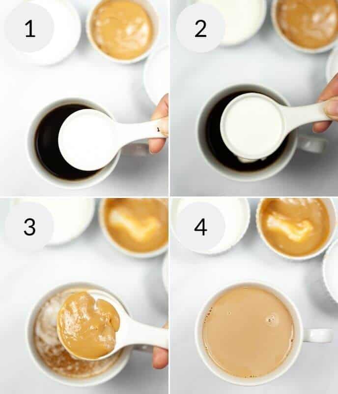 A four-step process of crafting an Iced Caramel Macchiato with milk and a creamy substance. Step 1: black coffee in a cup. Step 2: adding milk. Step 3: introducing caramel-infused cream. Step 4: the final mixed coffee, chilled to perfection.
