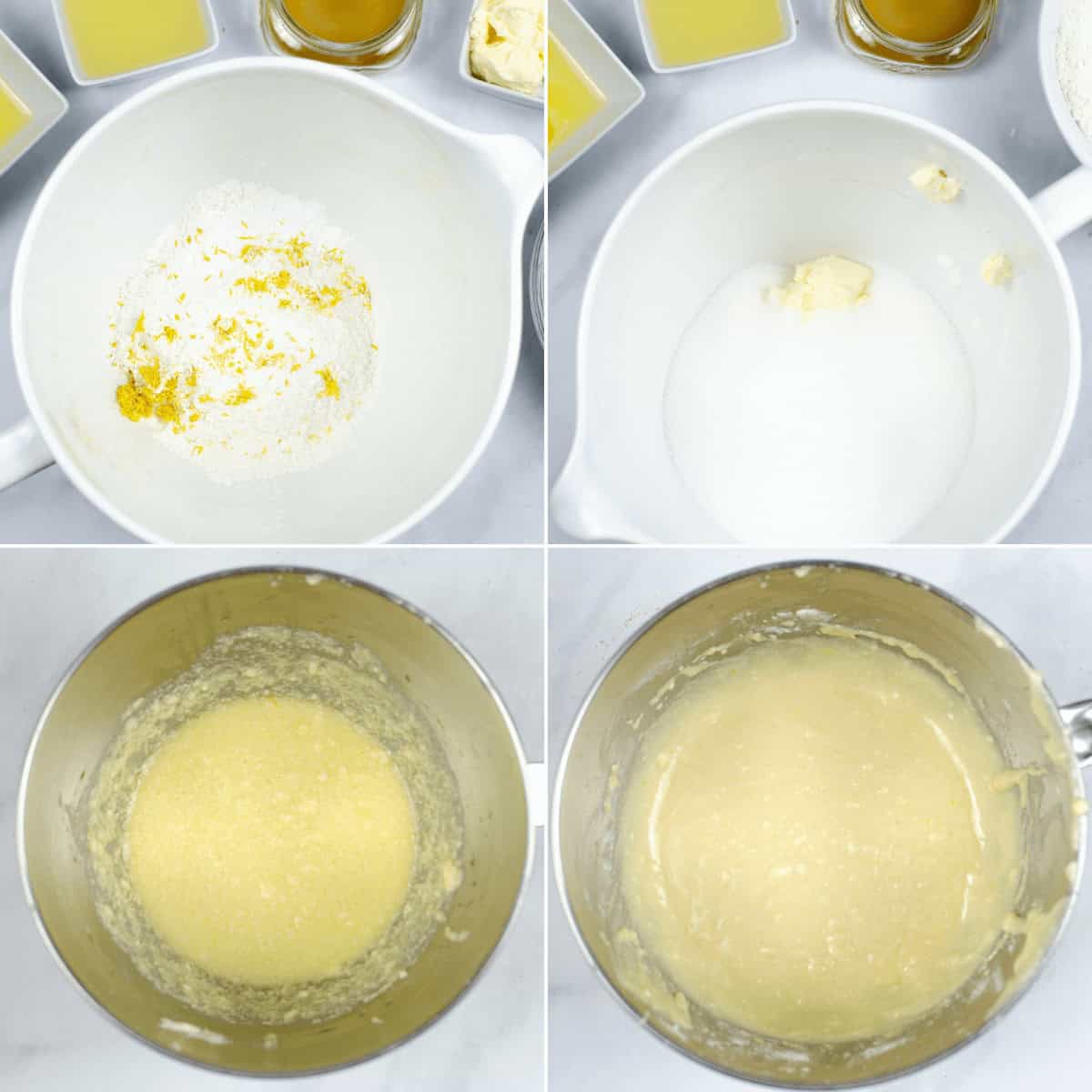 Four images showing steps of Cake batter preparation: dry ingredients, sugar and butter, mixed batter in an electric mixer, and smooth batter ready for baking.