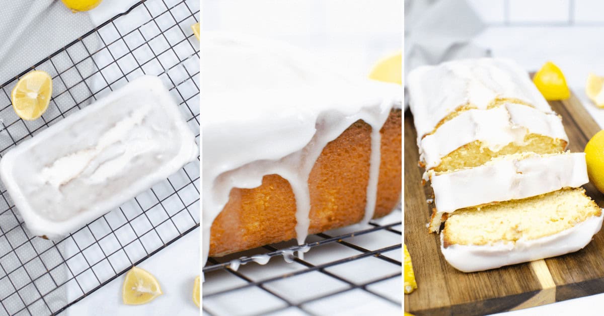 Three images of lemon loaf cake: a whole cake on a cooling rack with glaze and lemon slices, a close-up of the glazed top, and sliced pieces on a wooden board adorned with fresh lemon wedges.