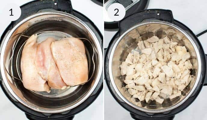 Layering the ingredients in the pot.