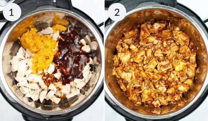 Finishing the orange chicken by creating the sauce in the instant pot.