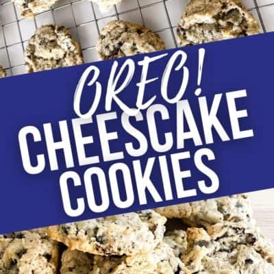 Oreo cheesecake cookies on a cooking rack and stack of cookies