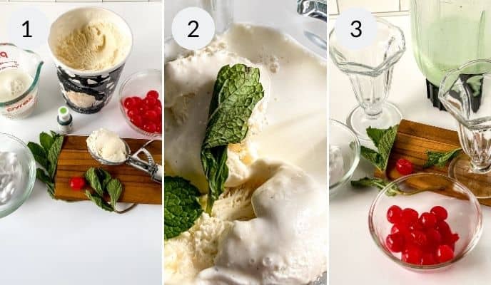 Pictures showing the ingredients for a mint ice cream shake.