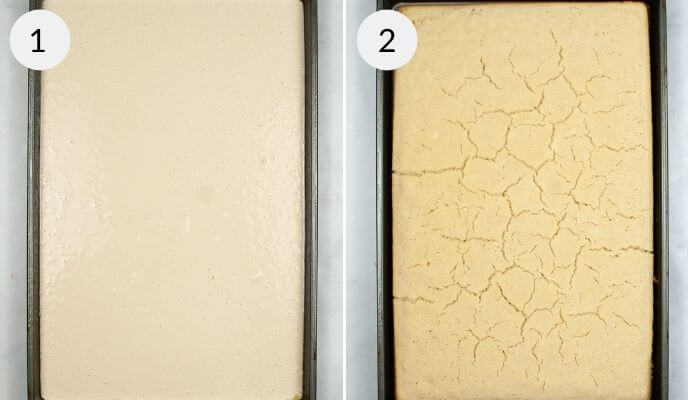 Pouring the batter into the pan and baking the sheet pan pancakes from mix.