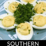 A plate of southern-style deviled eggs with relish, garnished with parsley.