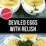A plate of Deviled Eggs with Relish, garnished with parsley.