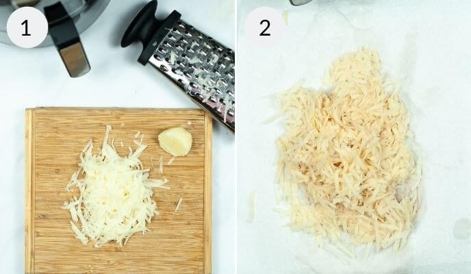 Image split into two sections: 1 shows grated potatoes and a garlic clove on a wooden board next to a grater; 2 shows grated potatoes spread on a paper towel, ready to become crispy Air Fryer Hash Browns.