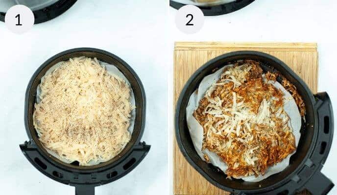Two side-by-side images show an air fryer basket: the left with raw shredded potatoes topped with pepper, the right with perfectly cooked Air Fryer Hash Browns, golden and crisp on parchment paper.