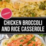 Chicken breast topped with paprika and parsley, served over a Cheesy Chicken Broccoli and Rice Casserole on a white plate.