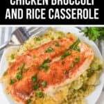 A plate of Cheesy Chicken Broccoli and Rice Casserole topped with paprika and chopped parsley, served with a fork on the side.