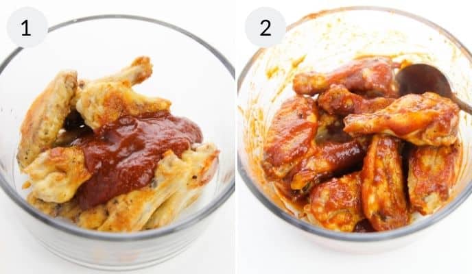 Wings in a glass bowl before and after tossing to coat