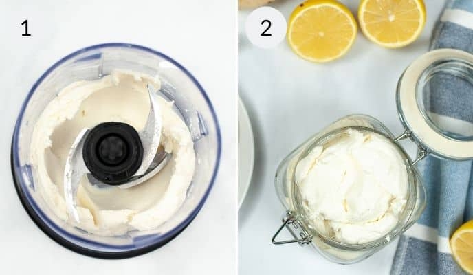 A top shot of cream cheese in a food processor and the final finished product.