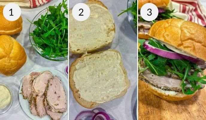 The steps needed to make the porchetta sandwich.