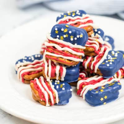 Stack of American Flag Pretzels on a white plate