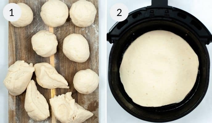 Naan dough rolled out and placed in an air fryer.